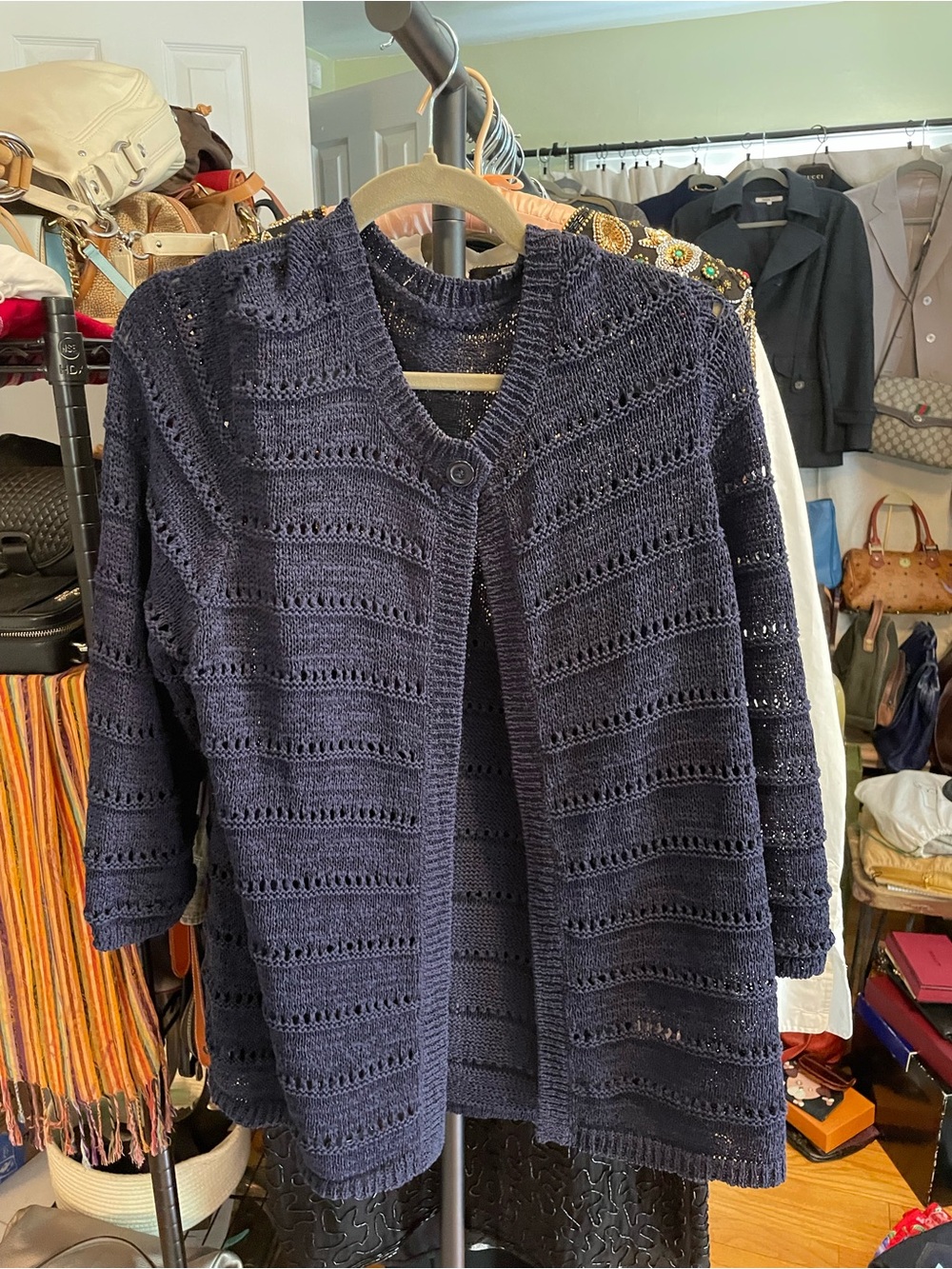 Navy Open Knit Cardigan Lightweight Button Front Sweater L - Picture 2 of 7